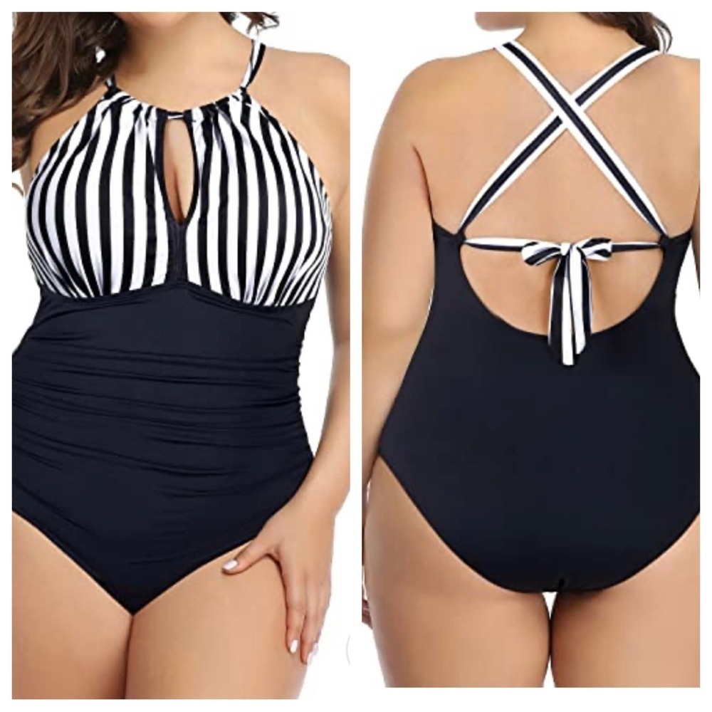 Daci One Piece Tummy Control Bathing Suit Black Striped Plus Womens Size 18W
